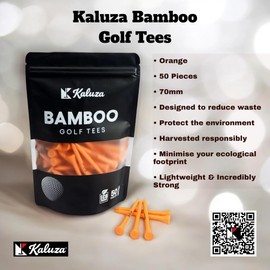 Kaluza Eco-Friendly Bamboo Golf Tees - 50 Pieces | 70mm Biodegradable & Compostable | Durable Sustainable Alternative to Plastic and Wood Tees | Colour: Orange