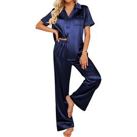 Ekouaer Womens Satin Pajamas Set Button Down Shirts Short Sleeve Sleepwear V-Neck Loungewear Pants with Pockets S-XXL Navy Blue
