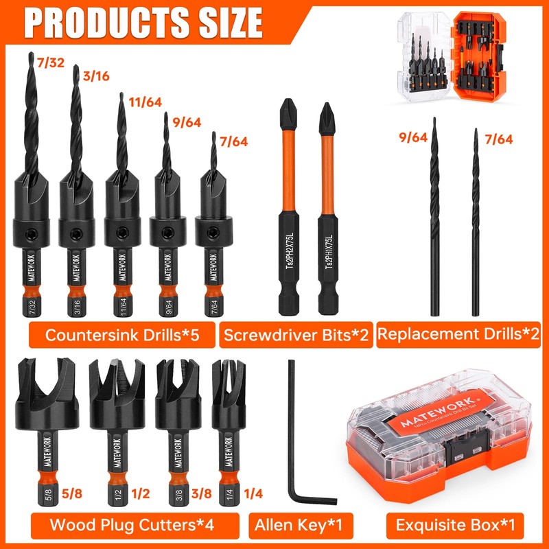 Countersink Drill Bit Set, 15PCS M2 Cobalt HSS Woodworking Tool