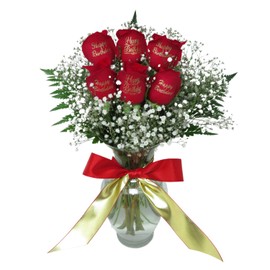 Write a Rose Beautiful Red Roses Bouquet with Happy Birthday in Gold Ink | Fresh Cut Flowers | 6 Red Roses Bouquet | Glass Vase Included | Next Day Delivery