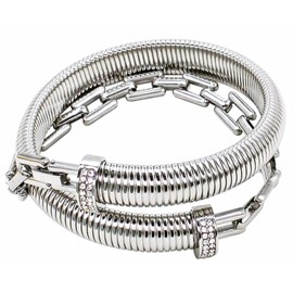 Razzberry Waterproof Stainless Steel Wrap Around Bracelet Bangle, Designer Chunky Style, 12mm Wide, Zirconia Accent Stones, with included Gift Pouch (Silver)