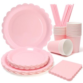 UVTQSSP 125PCS Party Plates and Cups and Napkins Sets, Light Pink Scalloped Pastel Paper Plates and Napkins Party Supplies for Baby Shower, Birthday, Disposable Tableware Sets, Serve for 25 Guests