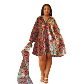 African Print Kente Dress with Head Scarf, Long Sleeve Midi Blouse Dress, Multicolor Orange, One Size