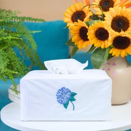 Fabric Tissue Box Cover Set of 2 - Vintage Floral Embroidery Hydrangea Holder, Bouquet Wrapping Bag, Car Holder, Rectangular 9.8"X5.9"X4.7", White