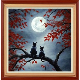 Foxhool Stamped Cross Stitch Kits,11CT Printed Cross Stitch Pattern Full Embroidery Kits for Beginner Needlepoint Kits&Two Cats Admiring The Moon 18x18 inch