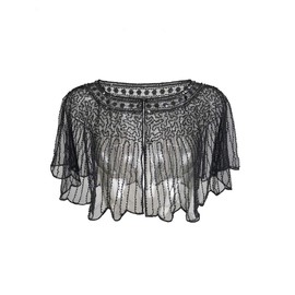 Grouptap Black grey women gatsby cape shawl beaded sequin wrap bolero for 1920s art decor fashion evening party dress gown outfit (Black)