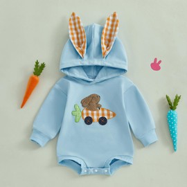 FYBITBO Newborn Infant Boy Easter Clothes Bunny Ear Romper Hooded Bodysuit Onesie My First Easter Day Baby Boy Outfit (Carrot Tractor Outfit Blue, 6-12 Months)