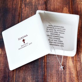 Baptism Gift, Christening Gift, Confirmation Gift, First Communion Gift, Godchild Gift -Square Keepsake Box w/Cross Necklace