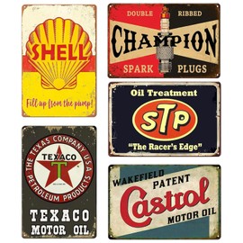 5Pcs Vintage Metal Tin Signs, Retro Car, Oil & Gas Posters, Man Cave Accessories for Garages Motorcycle Atands Gas Stations Decorations 30cm x 20cm
