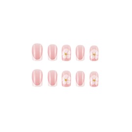 SINHOT Square Press on Nails Short - White Flower Fake Nails Glossy Glue on Nails White French Tip Acrylic Nail Gold Pearls Squoval Artificial Nail Stick on False Nail with Design 24pcs
