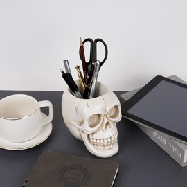 Rustic Skull Makeup Brush Holder, Skull Head Pen and Pencil Holder, Goth Skull Decor Desktop Organizer for Office Vanity Dresser Bathroom