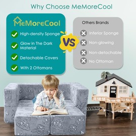 MeMoreCool Kids Sofa Couch, Glow-in-The-Dark Plush Cover, Convertible Foam Loveseat with Armrests & Pocket, Gray Dog Pattern, Playroom & Bedroom Children’s Furniture, 39" x 20" x 16"
