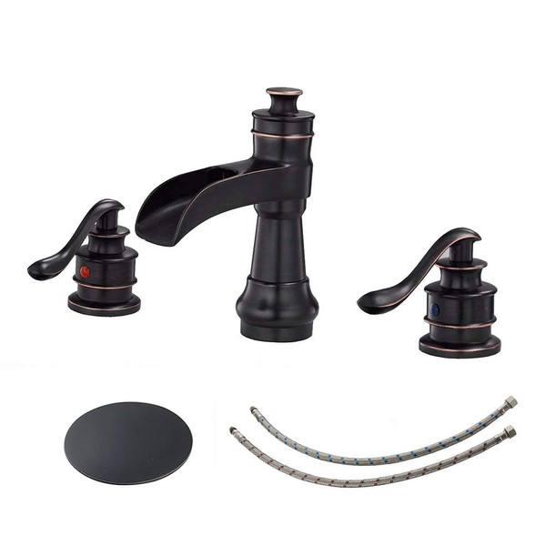 BWE Waterfall Widespread Bathroom Faucet 3 Hole Oil Rubbed Bronze Farmhouse 8 Inch Pop Up Drain Stopper Assembly Overflow Supply Line Lead-Free Faucets Parts Two Handle Bath Vanity Lavatory Sink
