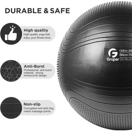 Gruper Yoga Ball, 55-75cm Extra Thick Exercise Ball for Workout Fitness Balance, Anti Burst Chair for Home and Office Desk,Includes Hand Pump & Workout Guide Access (Black, 30 inch (75cm),XL)