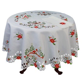 Creative Linens Holiday Christmas Tablecloth 68" Round with 8 Napkins Embroidered Red Poinsettia Christmas Tree Snowy Cabin Table Linen White