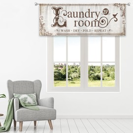 MESHELLY Rustic Laundry Room Valance Retro Laundry Room Curtains 52Wx18H Inch Rod Pocket Farmhouse Vintage Funny Beige Small Window Drapes Minimalist Printed Short Window Treatment Fabric 1 Panel