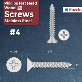 Kozelo 120pcs Phillips Flat Head Wood Screws - [#4x3/4"] 304 Stainless Steel Countersunk Self Tapping Screws for Furniture Assembly, Interior Trim, Outdoor Construction, Silver