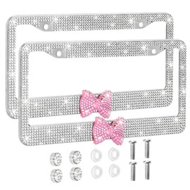 OTOSTAR 2 Pack Bling License Plate Frame with Ribbon Bow, Handcrafted Shiny Rhinestones Premium Stainless Steel 2 Holes License Plate Holder with Anti-Theft Screws Caps Set (White/Pink Bowtie)