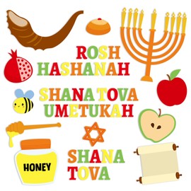 AmazingSpark 28 Pcs Rosh Hashanah Cutouts Jewish New Year Accents Shana Tova Festival Party Favor Rosh Hashanah Bulletin Board Decoration with Apple Shofar Pomegranate Bee Honey Jar for Classroom Home