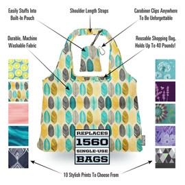 ChicoBag Vita Reusable Tote Bag with Carabiner Clip | Compact Reusable Shopping Bags | Eco Friendly | Coral Stripe