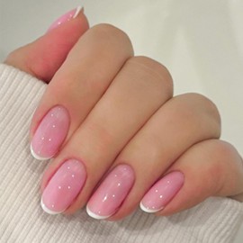 24Pcs Short False Nails - Almond French Tip False Nails - Nude Pink White Edge Tip Press on Nails Oval - Glossy Full Cover Fake Nail with Glue Stickers Acrylic Stick on Nails for Women Nail Art