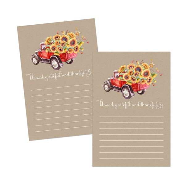 Paper Clever Party Rustic Thanksgiving Thankful Cards (25 Pack) Gratitude Activities Adults Family Blank Grateful for Party Games for Kids 8-12 - Sunflower Leaves and Pumpkin Themed (4x6 Size)