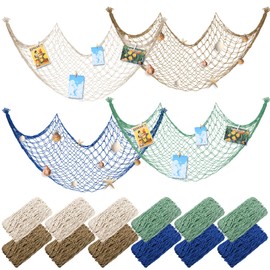 Wowangce 12 Pack Decorative Fish Netting for Party 80 x 40 Inch Natural Cotton Fish Net Decorations for Pirate Ocean Under The Sea Hawaiian Mermaid Party Picture Wall Hanging Decoration(Classic Color)