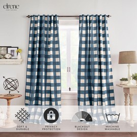Elrene Home Fashions Farmhouse Living Grainger Buffalo-Check Blackout Window Curtain, Living Room and Bedroom Drape with Rod Pocket Tabs, 52" x 84", Indigo, 1 Panel