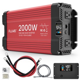 ALLWEI 2000W Pure Sine Wave Inverter, Power Inverter 12V DC to 110/120V AC Converter for Home, RV, Truck, Solar, Car Power Inverter with 2 AC Outlets, Remote Controller