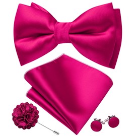 Barry.Wang Pre-tied Bow Ties for Men Adjustable Solid Color Tuxedo Bowtie Set with Hanky Cufflinks Brooch Wedding Party, Hot Pink Satin, One Size