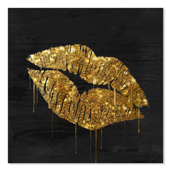 7CANVAS Black and Gold Canvas Wall Art Ornate Lips Print on Canvas Fashion Poster for Bedroom Bathroom Decor Framed Ready to Hang 20x20Inch