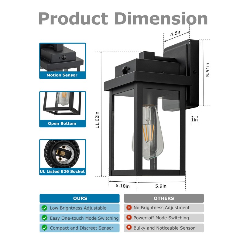 OUPAVOCS Motion Sensor Outdoor Wall Lights, Dusk to Dawn Front
