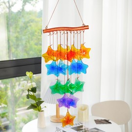 Carillones de viento de 17 pulgadas para exteriores, campanillas de viento de vidrio de estrellas de mar para ventana, jardín, patio, playa, decoración amarilla, verde y azul