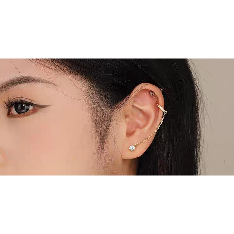 14K Gold Chain Earrings for Women,Double Perforated Suspension Chain Hoop