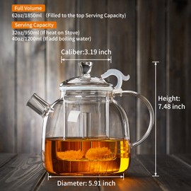 68OZ Glass Teapot, Large Glass Tea Pot With Infuser, Kettle For Stove Top, Tea Cup With Infuser For Loose Leaf Tea Steeper 2000ML, Dishwasher Safe