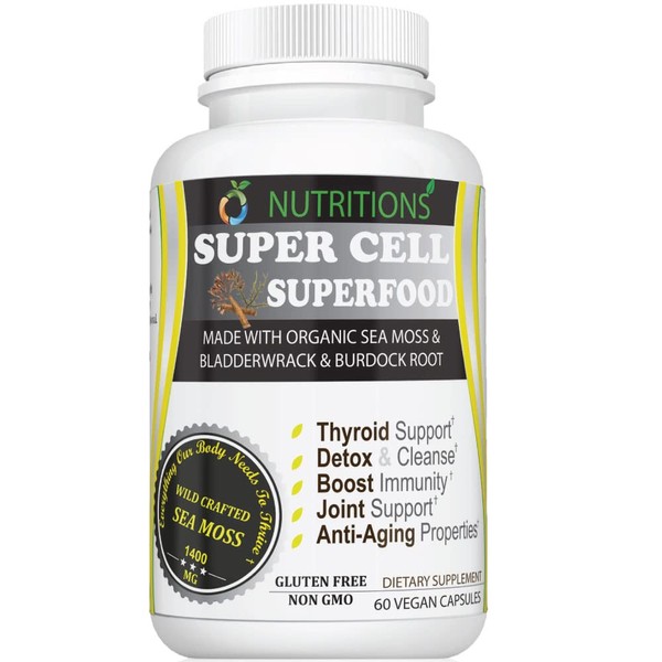 O NUTRITIONS Super Cell Superfood Sea Moss – Certified Organic Sea Moss Capsules for Men and Women – Advanced Supplements with Irish Sea Moss, Bladderwrack, Burdock Root (1 Pack)