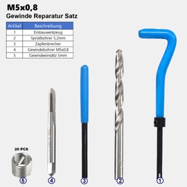 DASBSTE Thread Repair Set, Thread Repair Tools with M5 M6 M8 M10 M12 M14 to Choose From, for Aluminium, Plastic & Metal (M5 x 0.8)