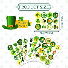 16 Sheets St. Patrick's Day Stickers for Kids Adults - 192 pcs Assorted Green Shamrock Leprechaun Clover Self-Adhesive Decorative Seal Labels for Irish Holiday Party Favors Pot-o-gold Decorations