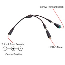 DC Power Splitter Set, 2.1 x 5.5mm Female to Dual Male Adapter, USB-C Power Connector, Screw Terminal Block for Power Distribution, 2 Sets