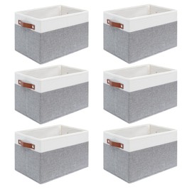 XYLFJCT 6 Pack Large Fabric Storage Baskets for Shelves , Closet Storage Bins for Shelves, Fabric Baskets for Organizing with Handles for Home and Office (White with Grey,15" L*10.2" W*9" H)