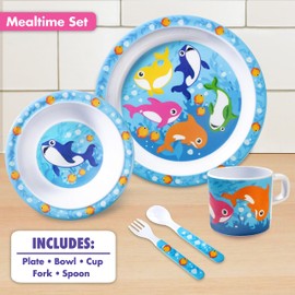 5 Pc Mealtime Feeding Set for Kids and Toddlers - Shark - Includes Plate, Bowl, Cup, Fork and Spoon Utensil Flatware - Durable, Dishwasher Safe, BPA Free - Gift for Parents