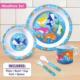 5 Pc Mealtime Feeding Set for Kids and Toddlers - Shark - Includes Plate, Bowl, Cup, Fork and Spoon Utensil Flatware - Durable, Dishwasher Safe, BPA Free - Gift for Parents
