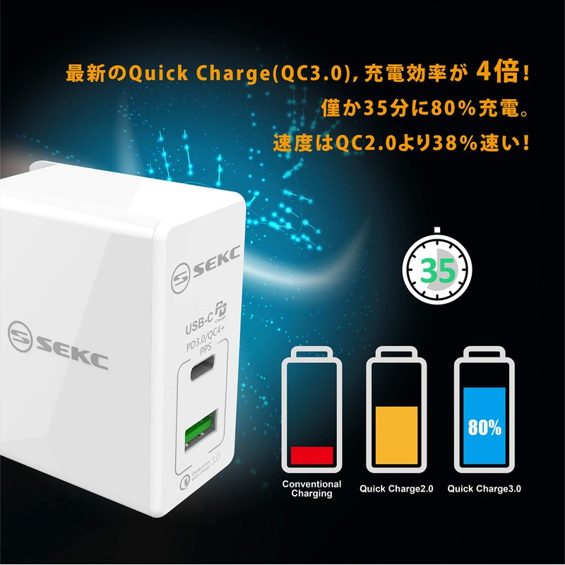 SEKC USB-C PD 3.0 / QC4+ PPS 30W Compatible, USB-A