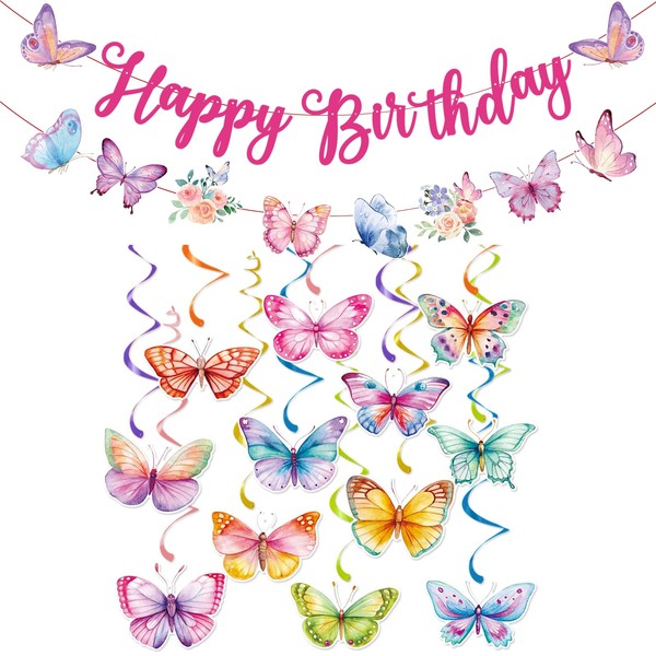 Pre-Strung Butterfly Happy Birthday Party Decorations,Butterfly Banner and Hanging Swirls,
