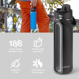 ThermoProof Double-Walled Vacuum Insulated Stainless Steel Water Bottle - Wide Mouth with Chug & Spout Lids, Dishwasher Safe, Reusable, Leakproof, Hot & Cold for Men, Women & Kids - 22oz, Black