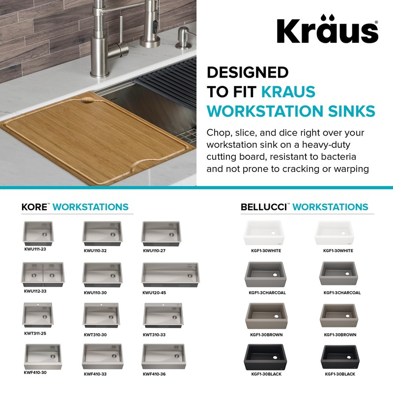 Kraus Kore Solid Bamboo Cutting Board for Workstation Kitchen Sink