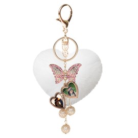 JK Home Heart Locket Keyring Pom Poms Love Keychains Crystal Butterfly Key Chain - Fluffy Plush Heart Keyrings DIY Photos Locket Key Ring With Storage Box for Charms Car Key Bags Phone White