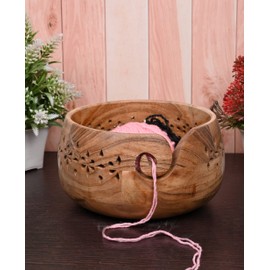 SAMHITA Acacia Wood Yarn Bowl Holder |Hand Carved Yarn Bowls for DIY Knitting Crocheting Accessories (17.78cm x 17.78cm x 10.16cm)