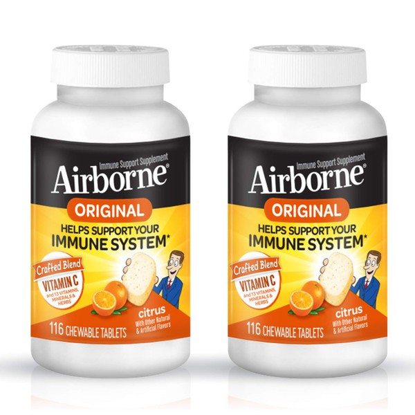 Airborne Vitamin C 1000mg (per Serving), Citrus Chewable Tablets (116ct), Gluten-Free Immune Support Supplement, with Vitamins A C E, ZINC, Selenium, Echinacea & Ginger, Antioxidants (Pack of 2)