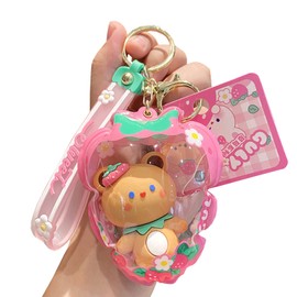 ICI-Rencontrer Cute Strawberry House Cartoon Animal Bear Design Backpack Car Key Pendant Kids Girls Women Creative Soft PVC Handbag Wallet Key Ring Accessories for Gifts (Brown Bear£©